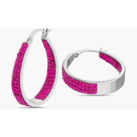 Gorgeous Oval Hot Fuschia Pink Swarovski Crystal Inside Out Hoop Earrings - Picture 5 of 6